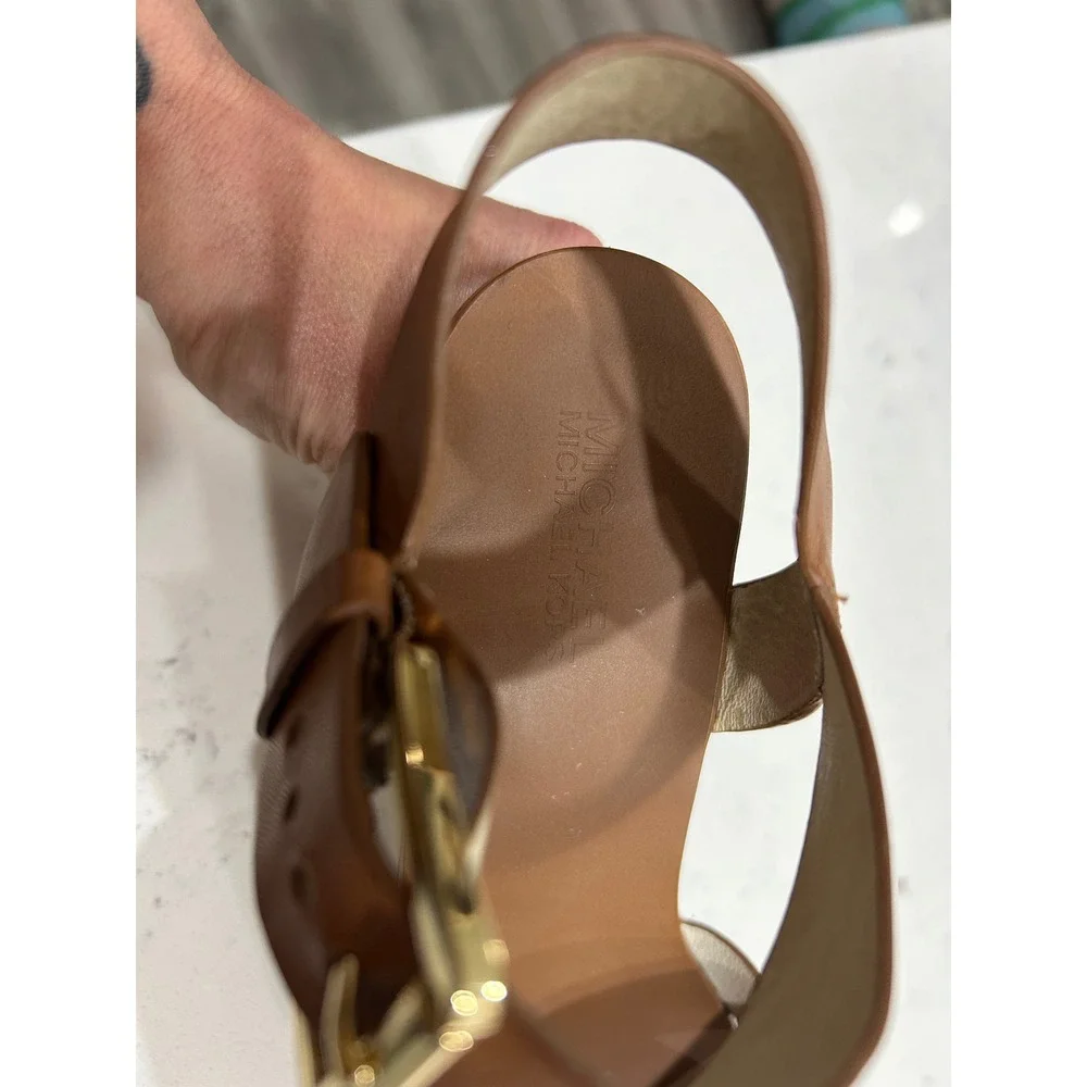Michael Kors Tan Leather Platform Wedge Sandals Gold Buckle Wood Sole 8.5M